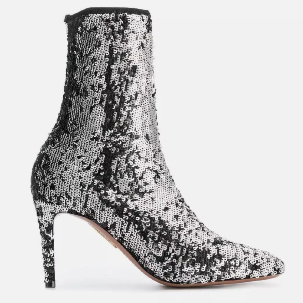 Aquazzura stretch pointed ankle stiletto booties silver sequin fabric - Size 39
